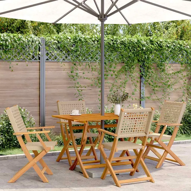 Chaises pliantes 4 pièces en polyrotin beige et bois massif