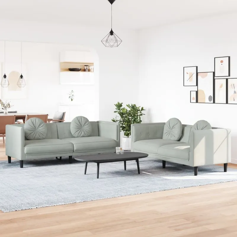 2 pz. set divano con cuscini grigio chiaro velluto
