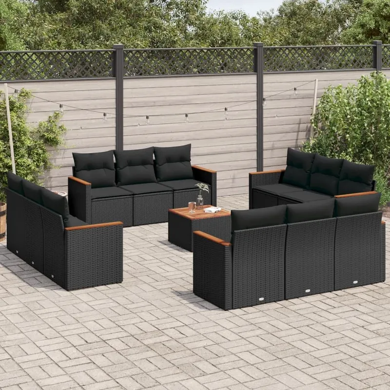 13-tlg. set divano da giardino con cuscini nero Poly Rattan