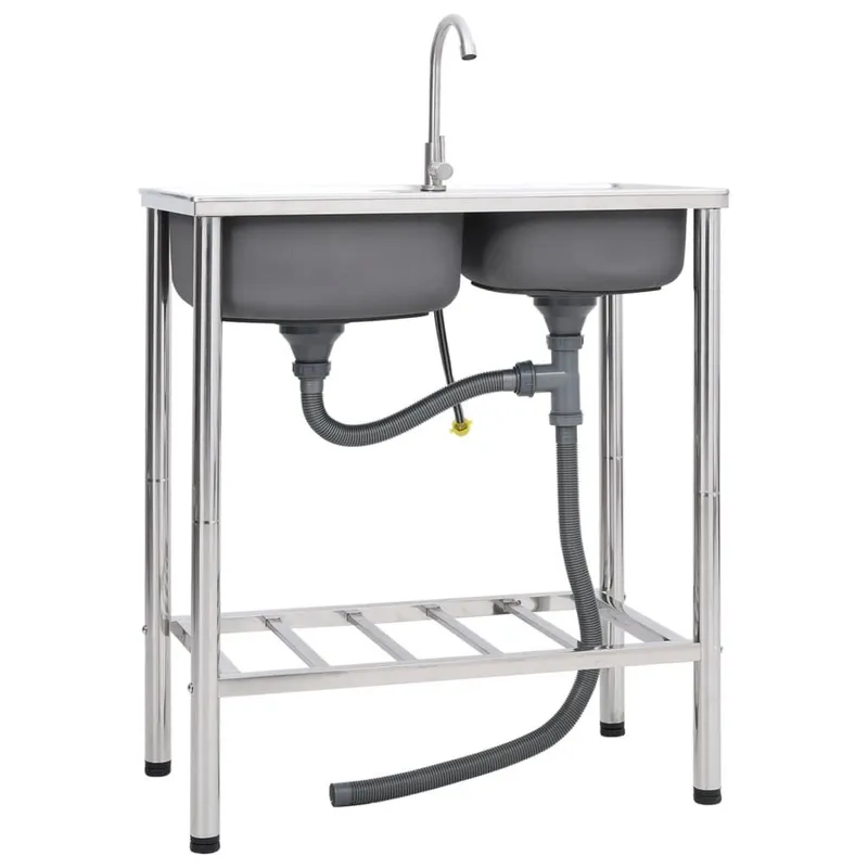 Évier de camping Double lavabo avec robinet Acier inoxydable