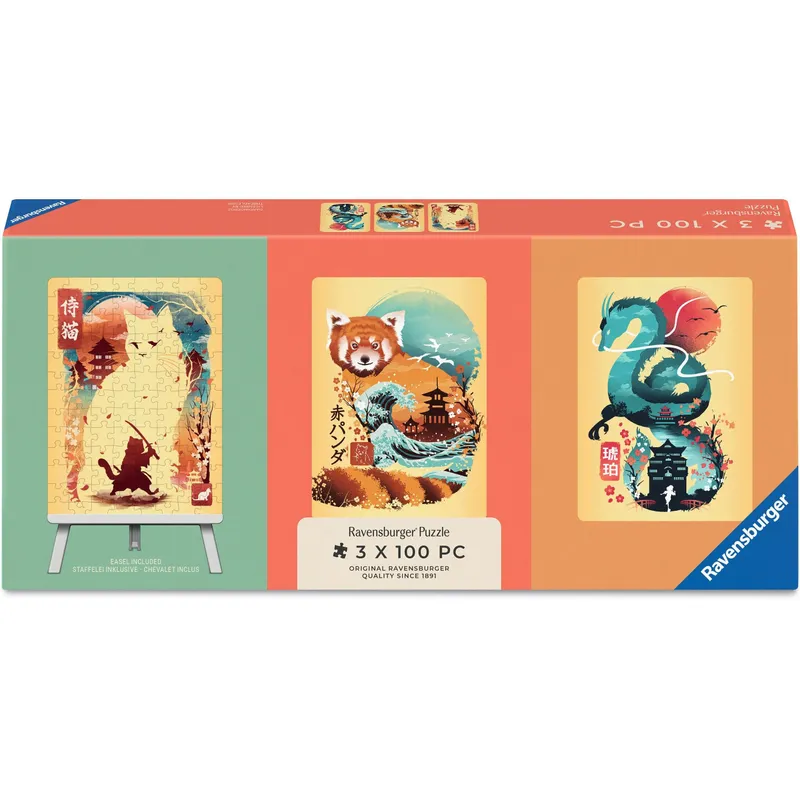 Ravensburger Puzzle Ukiyo-e Katzenkrieger, reder Panda & Drache 3 x 100