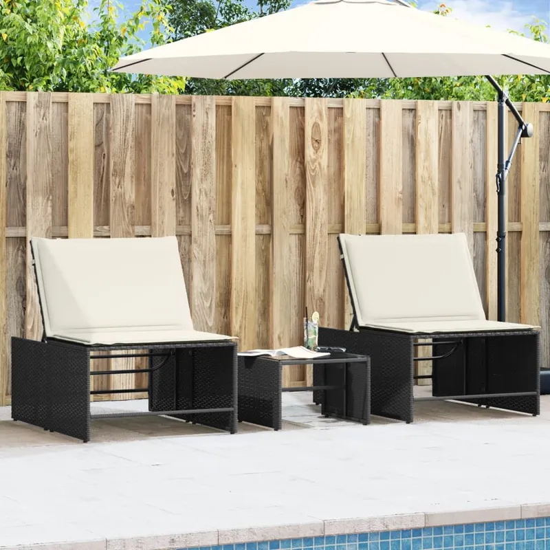 Modulare Sonnenliegen 2 Stk. mit Tisch Schwarz Poly Rattan