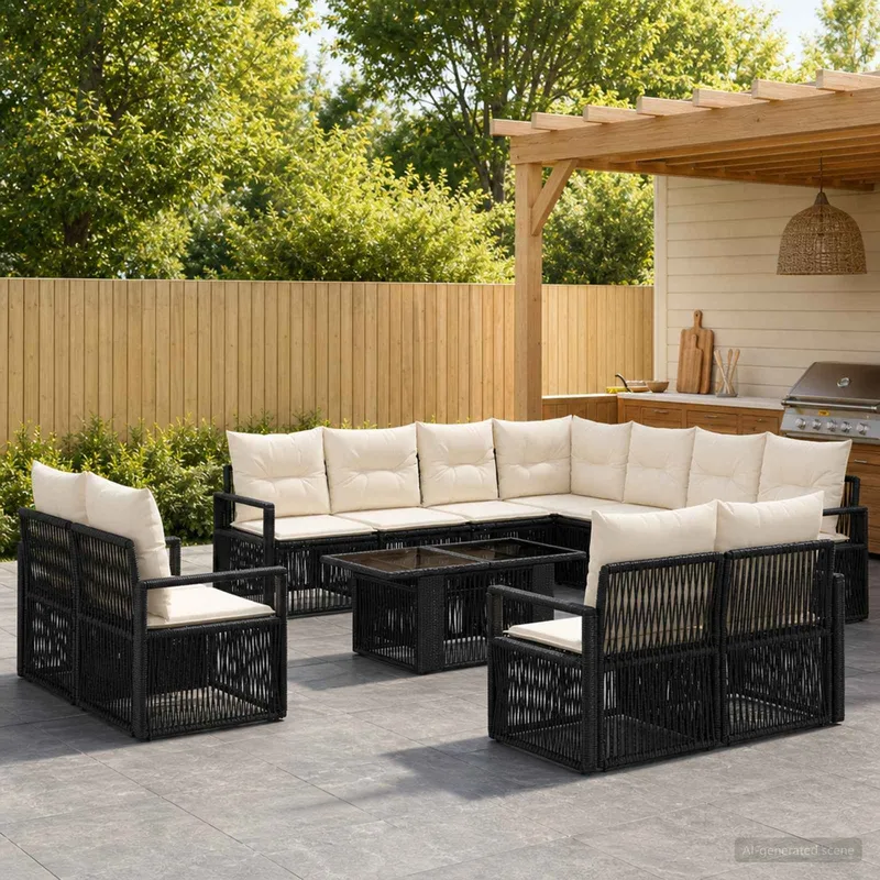 Gartensofa-set 12 stk. Schwarz und Cremeweiß Poly-Rattan