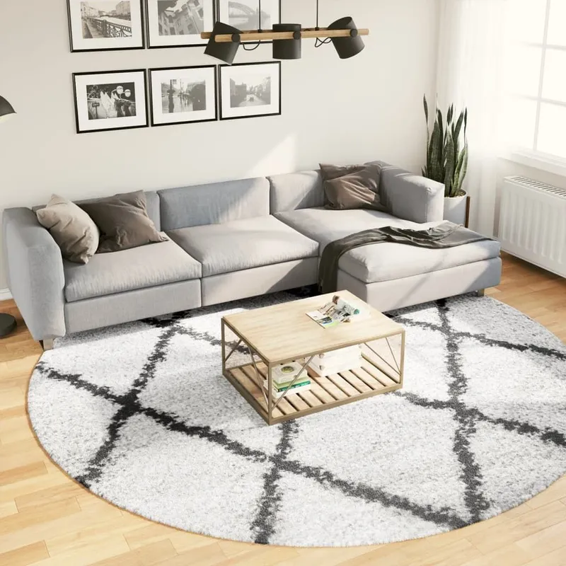 Tapis shaggy à poils longs moderne crème et noir Ø 280 cm