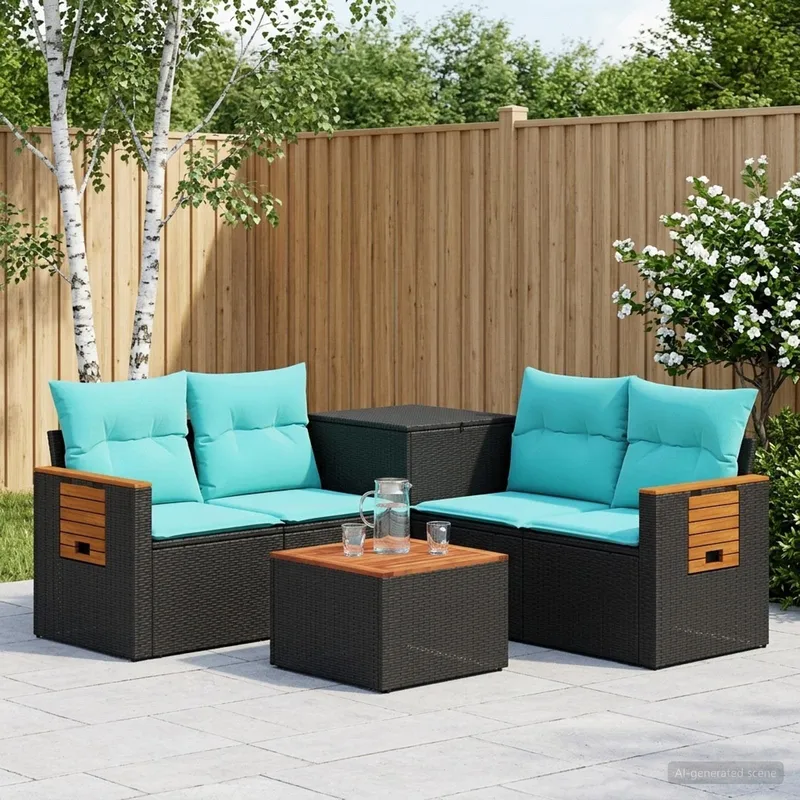 Sofa Set 6 stk. Schwarz und Blau Polyrattan und Stahl