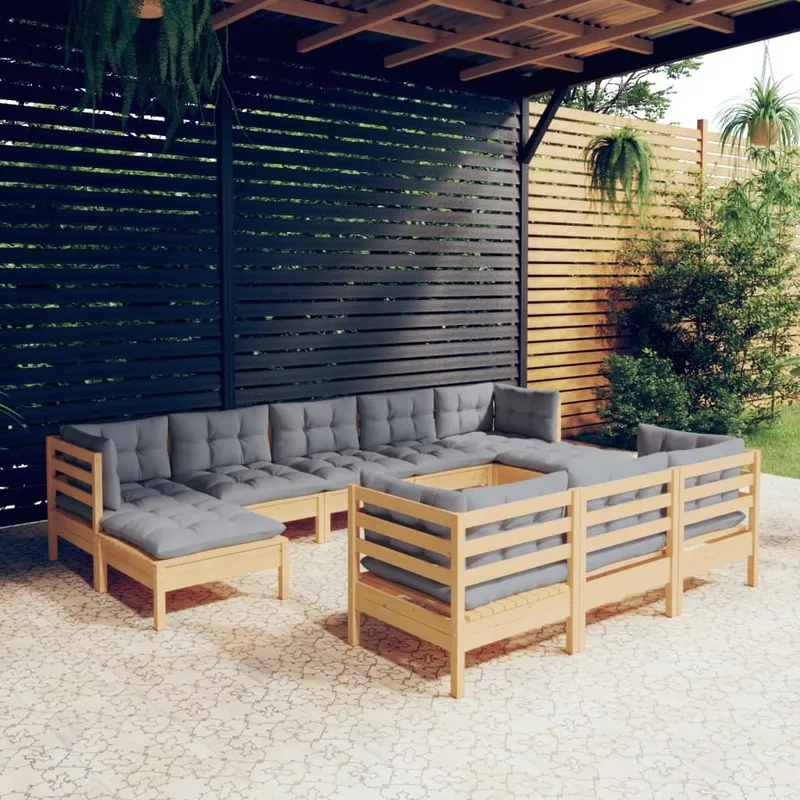10-tlg. Garten-Lounge-Set mit grigioen Kissen Kiefer Massivholz