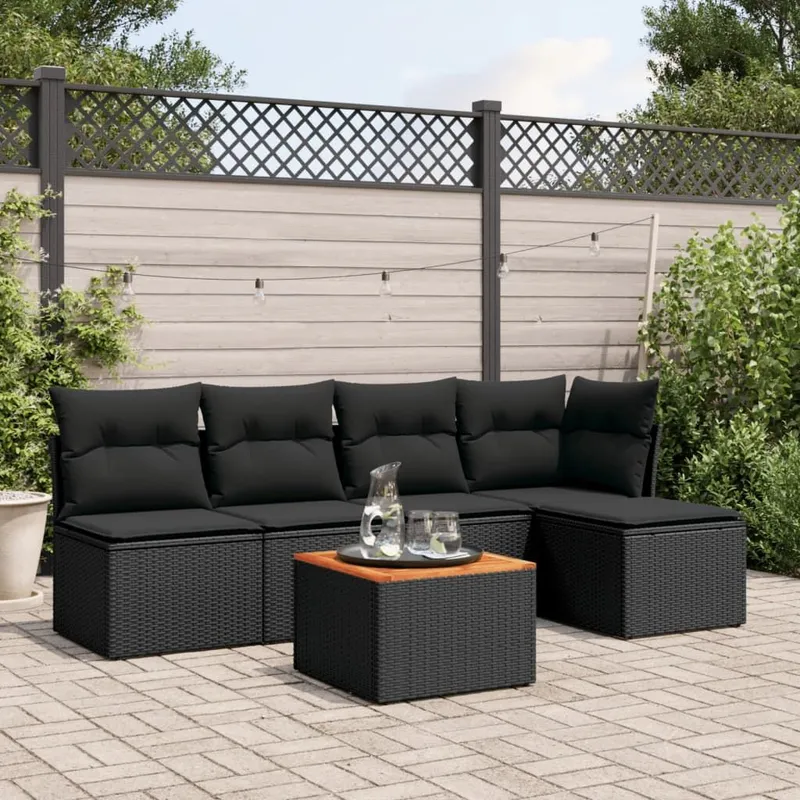 6-tlg. set divano da giardino con cuscini nero Poly Rattan
