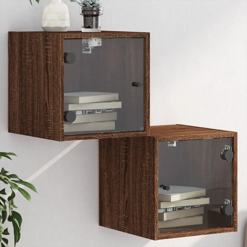 Nachttische mit Glastüren 2 Stk. Braun Eichen-Optik 35x37x35 cm