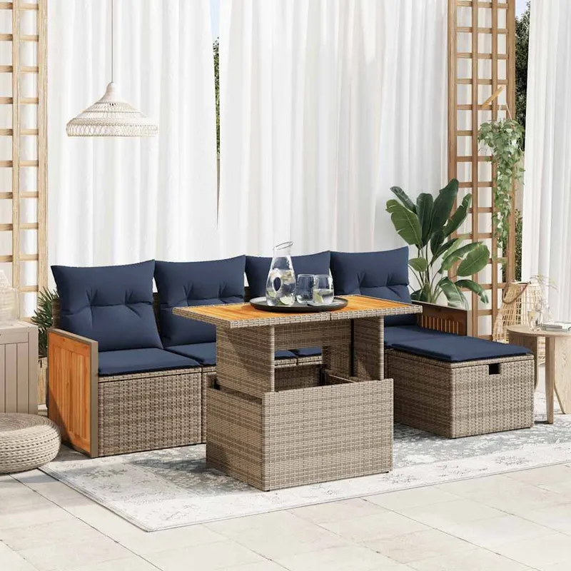 6-tlg. Garten-Sofagarnitur mit Kissen Grau Poly Rattan Akazie