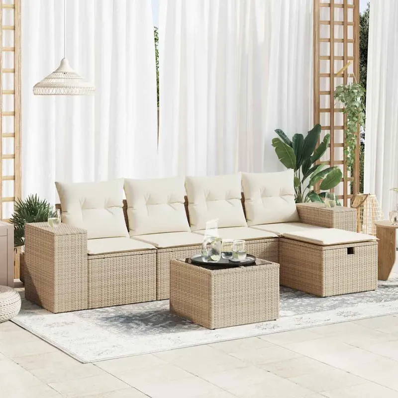 6-tlg. set divano da giardino con cuscini Beige Poly Rattan