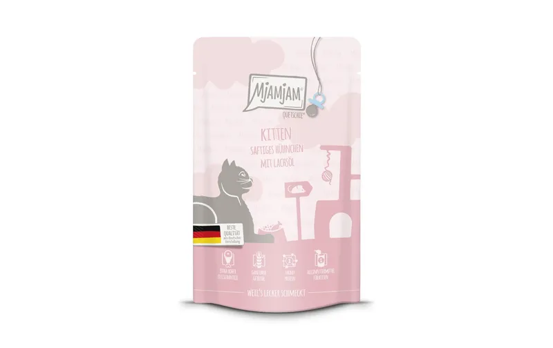 Mjamjam Nassfutter Quetschie Kitten Huhn mit Lachsöl, 125 g