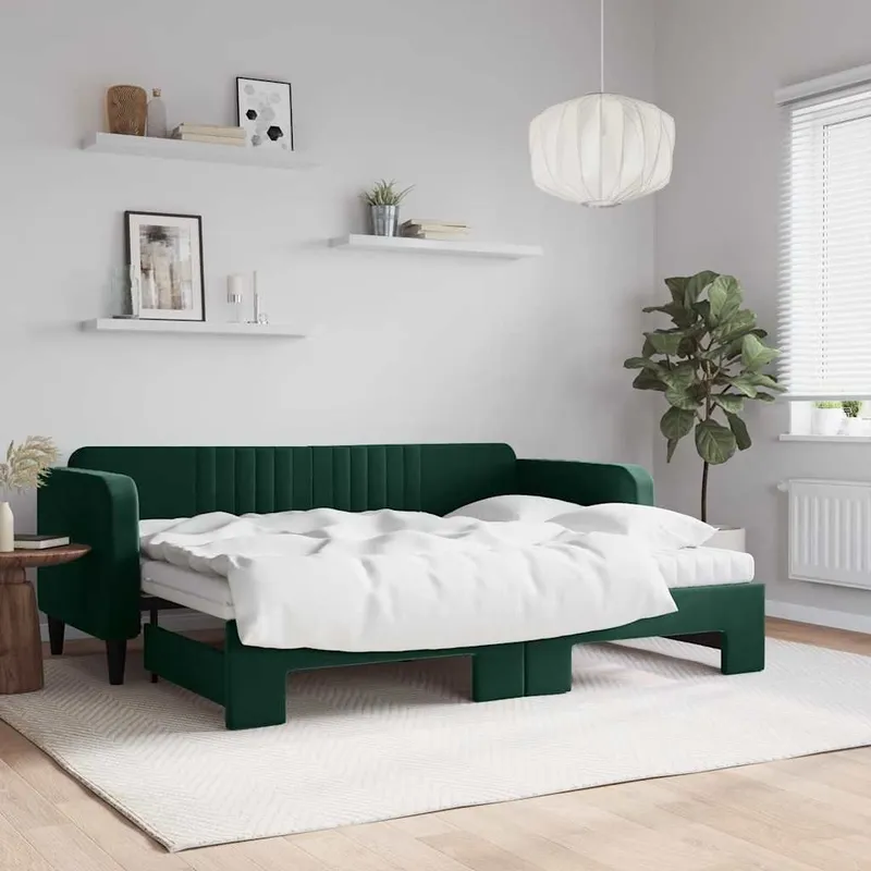 Lit de jour avec gigogne et matelas vert foncé 80x200cm velours