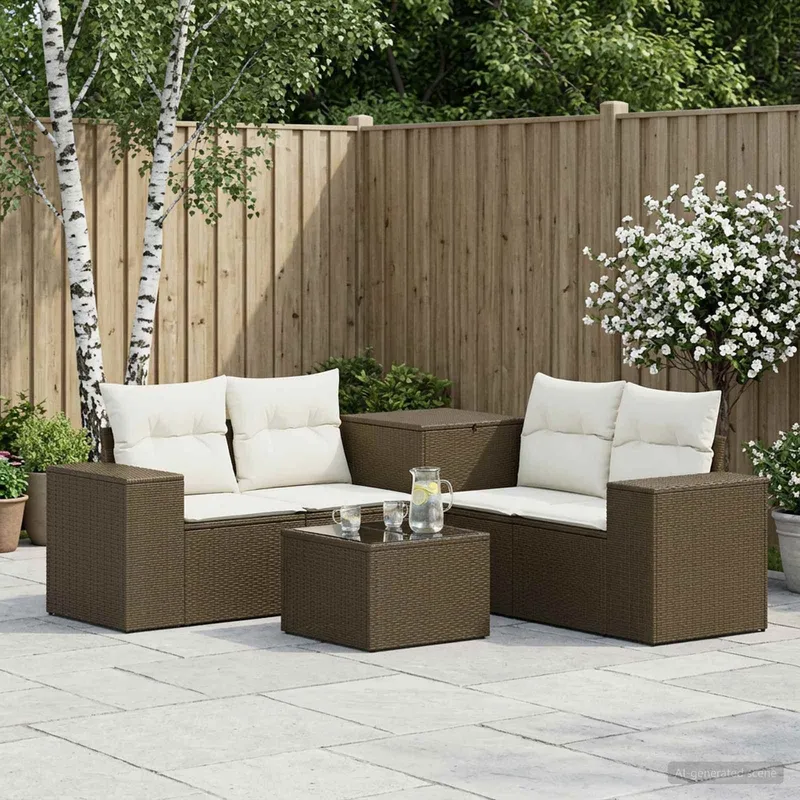 divano Set 6 pz. marrone e crema bianco polyrattan e acciaio