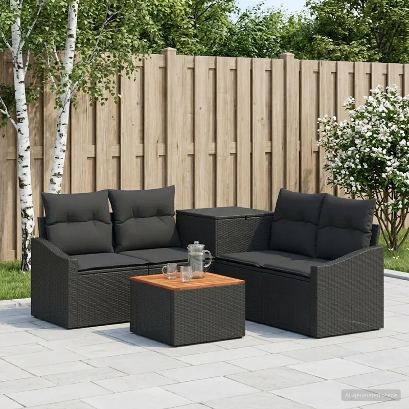 divano Set 6 pz. nero polyrattan e acciaio