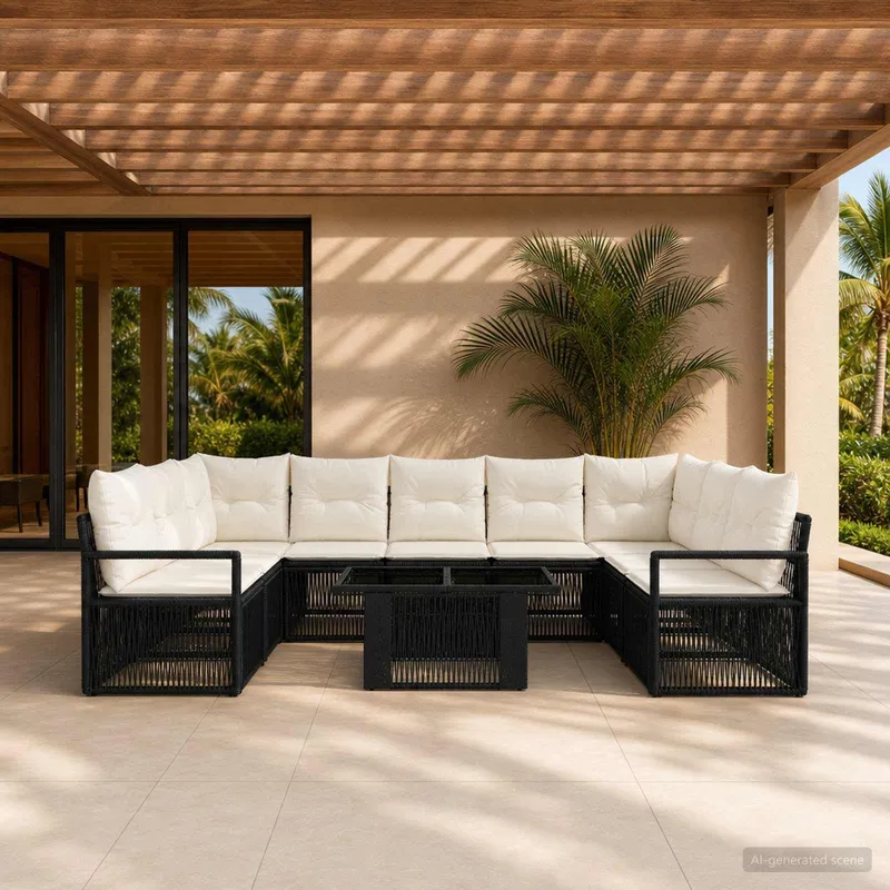 Gartensofa-set 10 stk. Schwarz und Cremeweiß Poly-Rattan