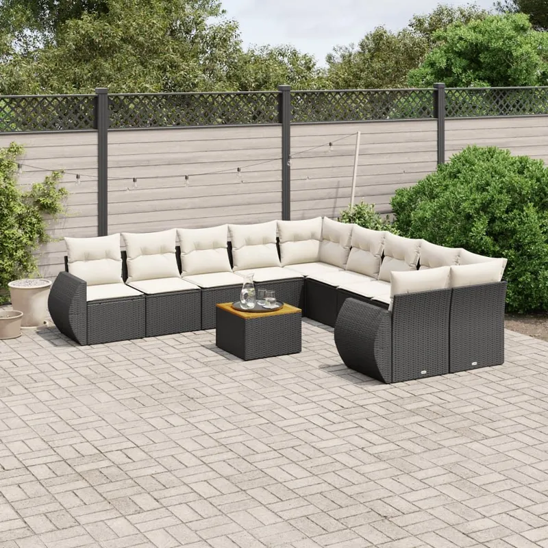 11-tlg. set divano da giardino con cuscini nero Poly Rattan