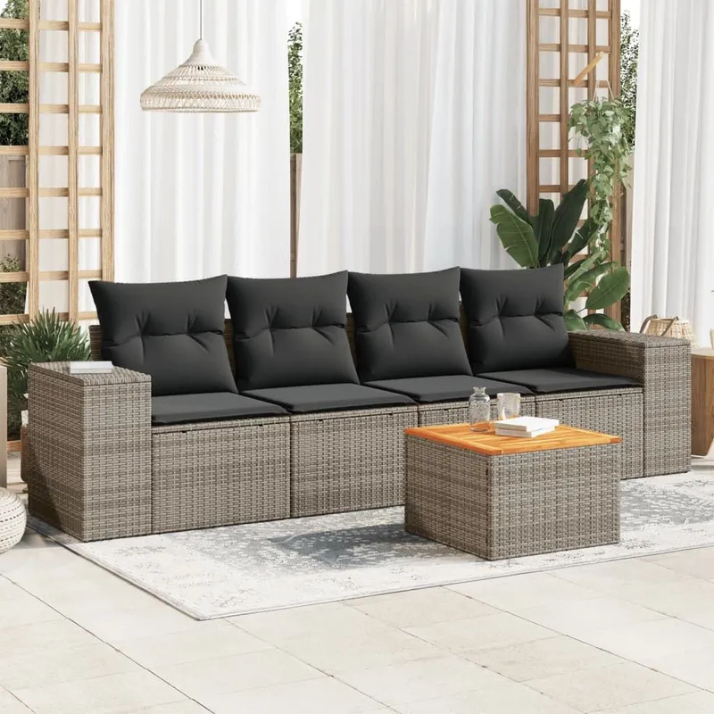 5-tlg. garden sofa set with cushions grey Poly Rattan