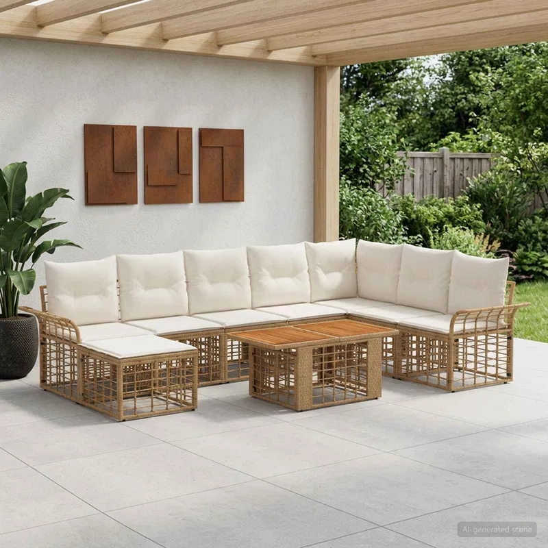 Gartensofa-set 9 stk. Natürlich und Cremweiß Poly-Rattan