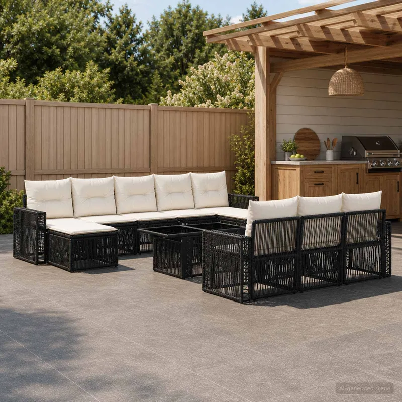 Gartensofa-set 11 stk. Schwarz und Cremeweiß Poly-Rattan