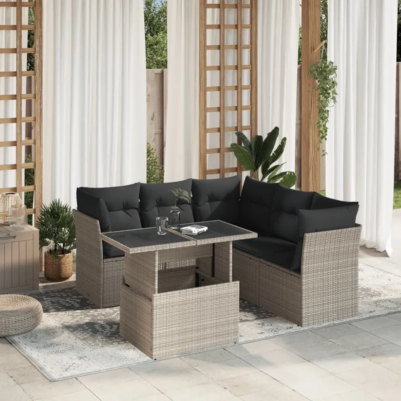 6-tlg. set divano da giardino con cuscini Hellgrau Poly Rattan