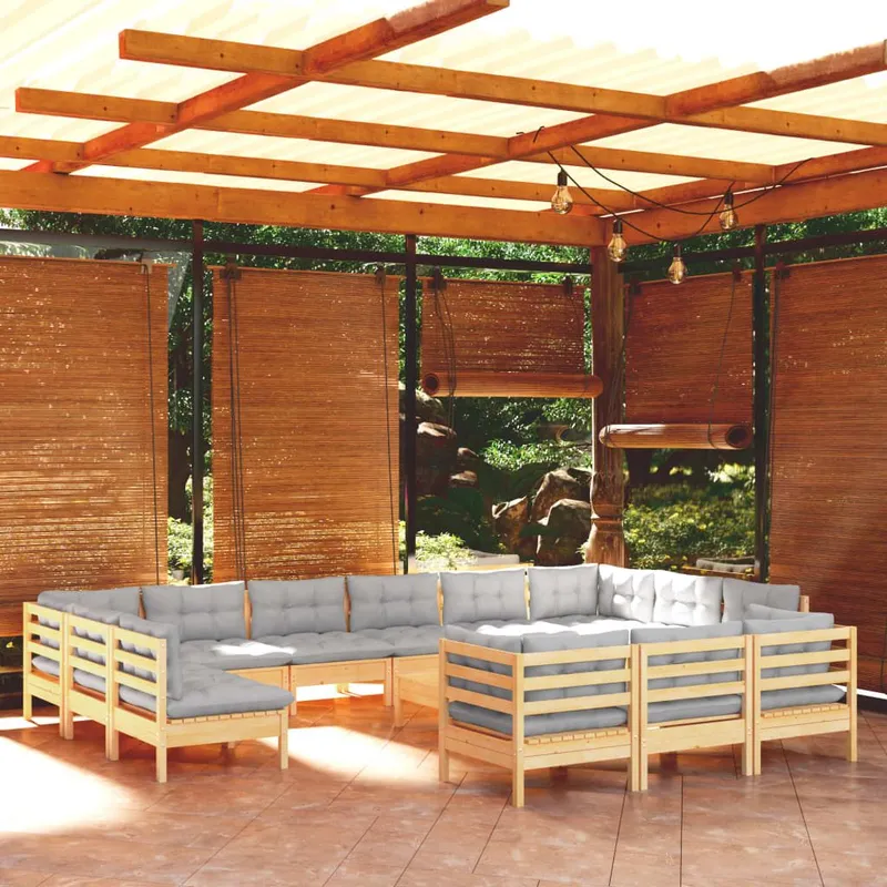 14-tlg. Garten-Lounge-Set mit Grauen Kissen Kiefernholz