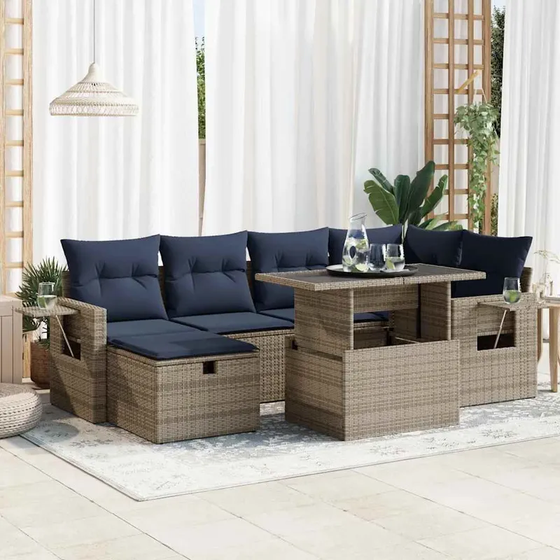7-tlg. set divano da giardino con cuscini grigio Poly Rattan Akazie