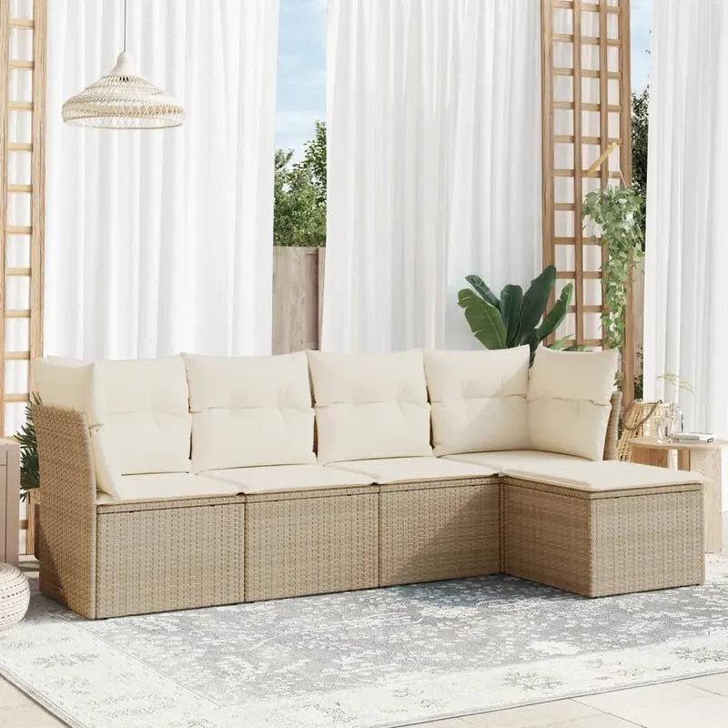 5-tlg. Garten-Sofagarnitur mit Kissen Beige Poly Rattan