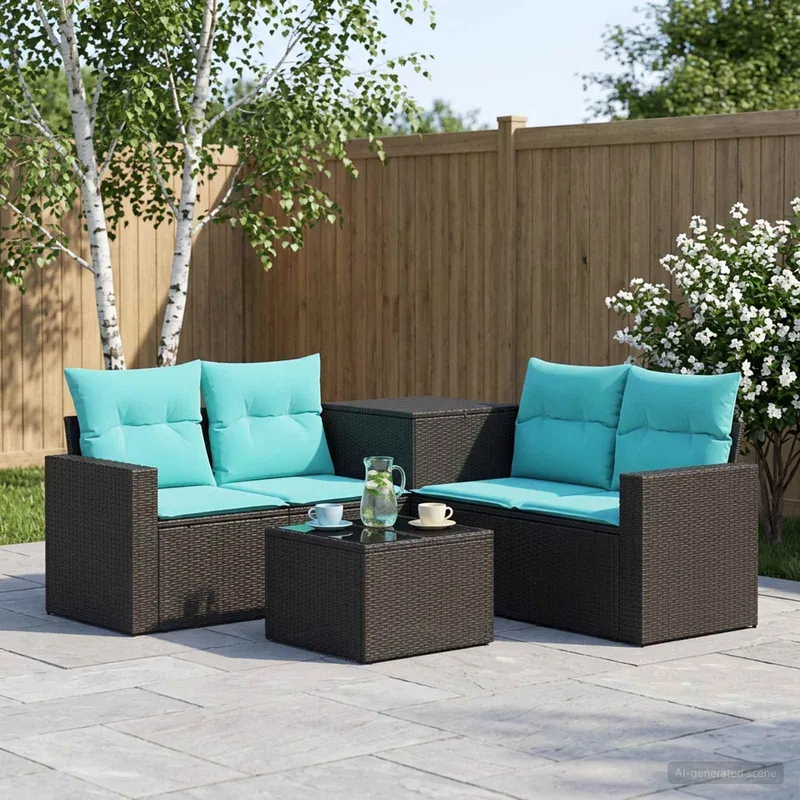 Sofa Set 6 stk. Schwarz und Blau Polyrattan und Stahl
