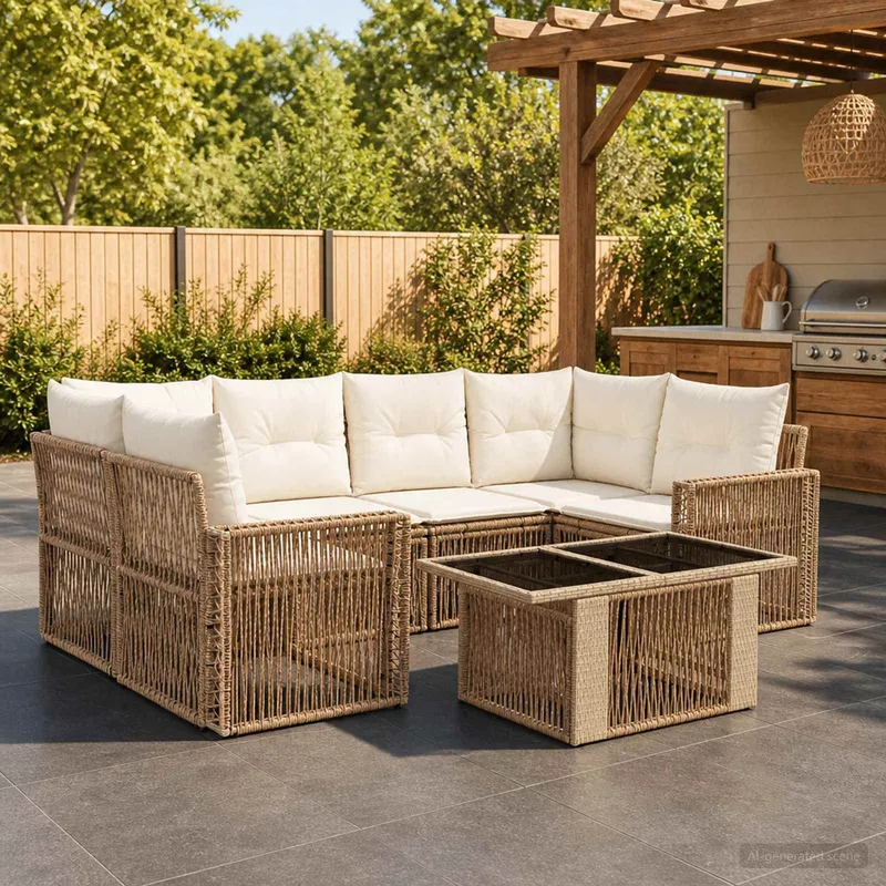 set divano da giardino 7 pz. beige e bianco crema polyrattan