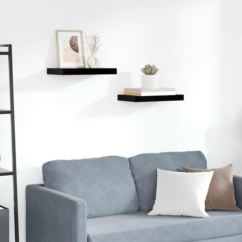 Schweberegale 2 Stk. Hochglanz-nero 40x23,5x3,8 cm MDF