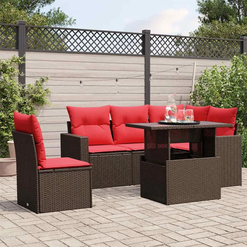 Ensemble de canapé de jardin 6 pcs avec coussins marron résine tressée