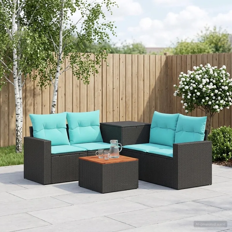 Sofa Set 6 stk. Schwarz und Blau Polyrattan und Stahl