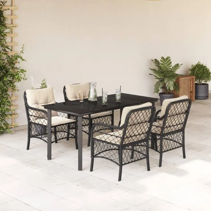 5-tlg. Garten-Essgruppe mit Kissen nero Poly Rattan