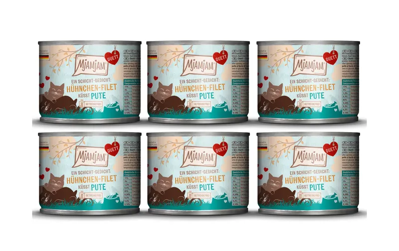 Mjamjam Nassfutter Duett Hühnchen-Filet küsst Pute, 6 x 190 g