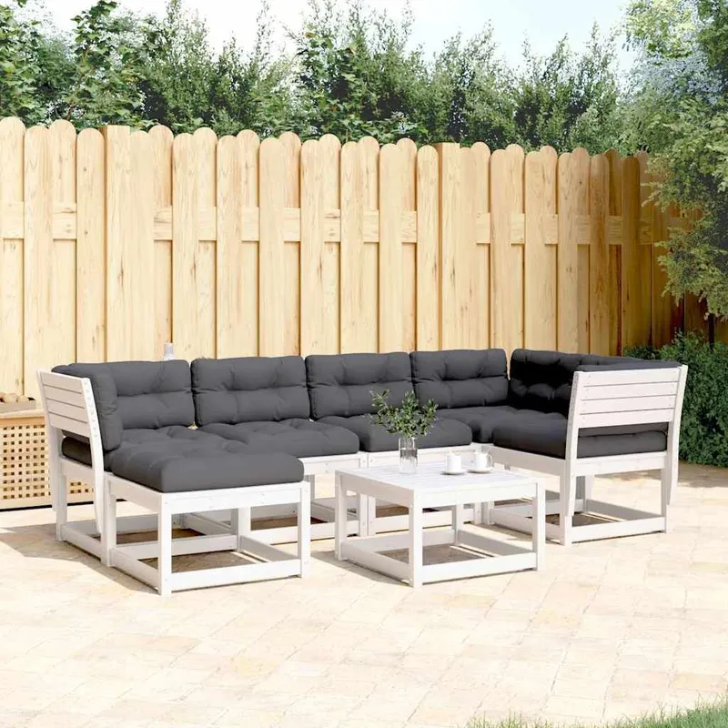 Salon de jardin 6 pcs avec coussins blanc bois massif de pin