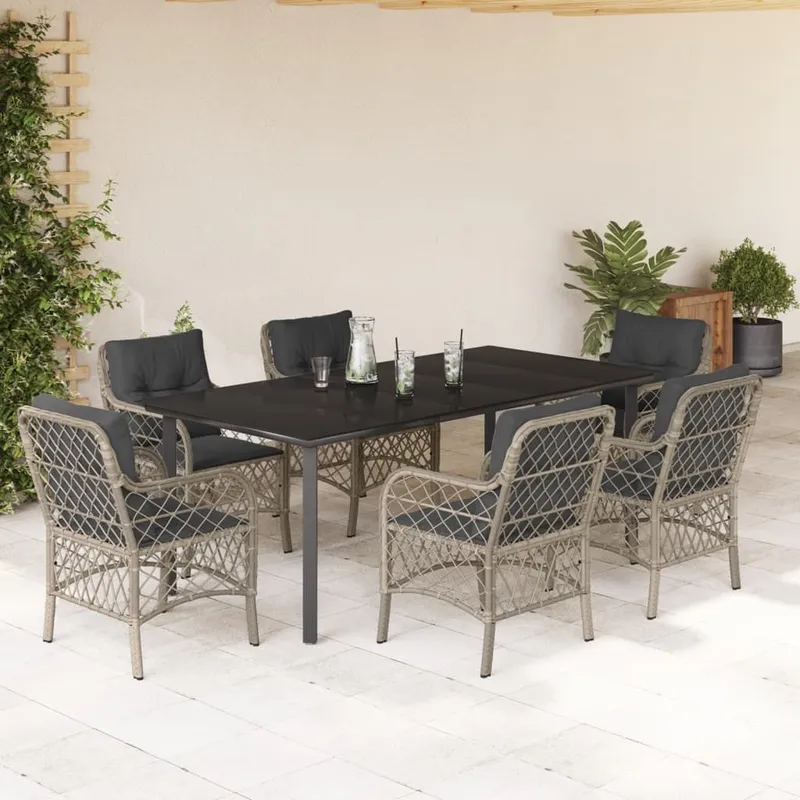 7 pz. set pranzo da giardino con cuscini grigio chiaro Poly Rattan