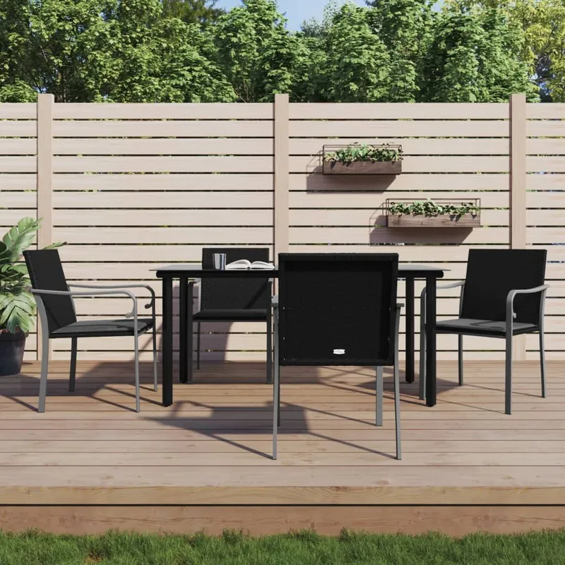 5 pz. set pranzo da giardino con cuscini Poly Rattan e acciaio