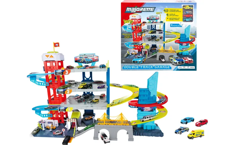 Majorette Double Track Garage + 4 Vehicles 4-stöckig, with 4 Fahrzeugen