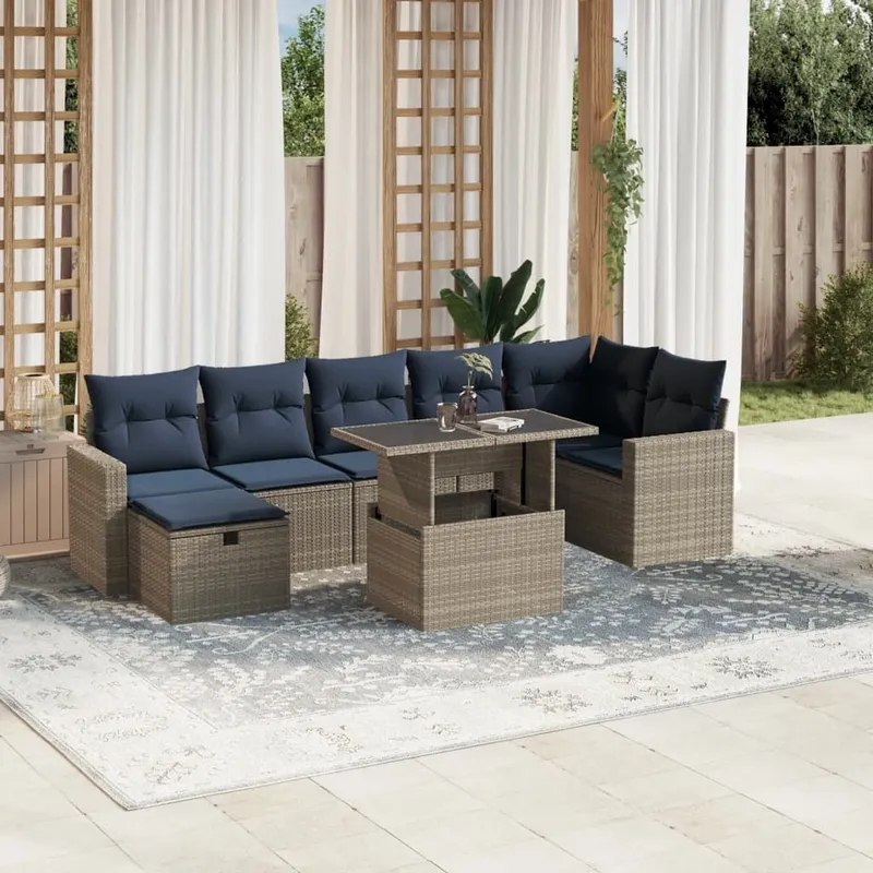 8 pezzi set divano da giardino con cuscini, grigio, polyrattan