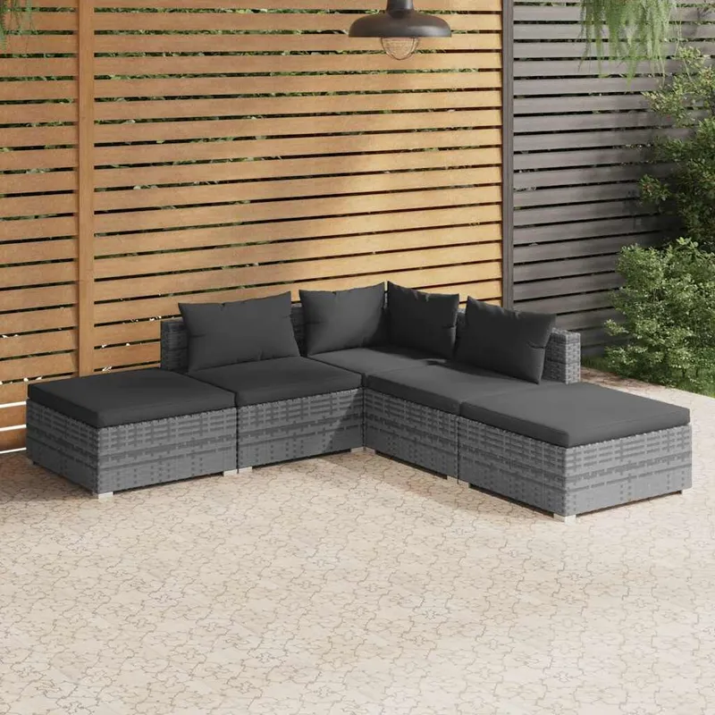 5-tlg. Garten-Lounge-Set mit Kissen Poly Rattan grigio