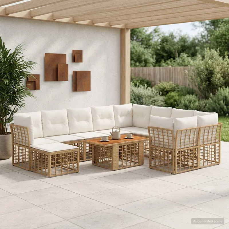 Ensemble de canapé de jardin 11 pc Blanc Naturel et Crème