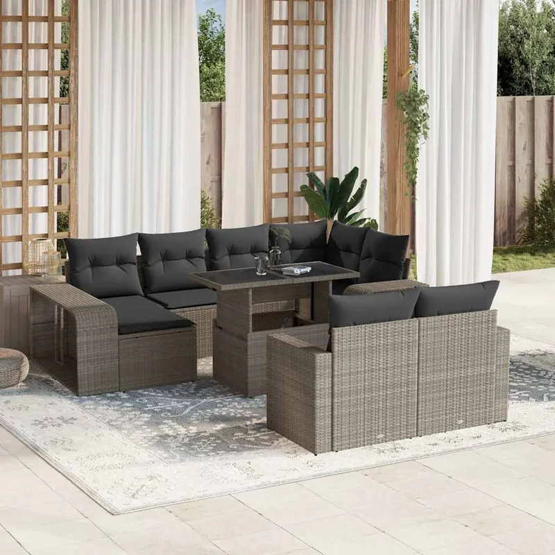 11-tlg. set divano da giardino con cuscini Hellgrau Poly Rattan