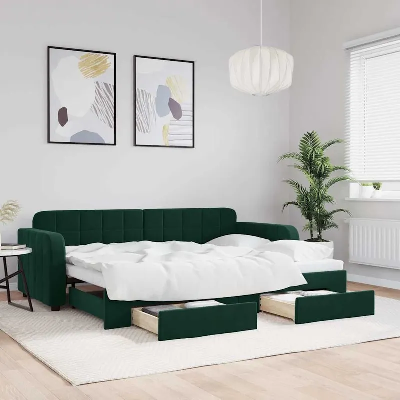 day bed Ausziehbar with drawers dark green 80x200 cm velvet