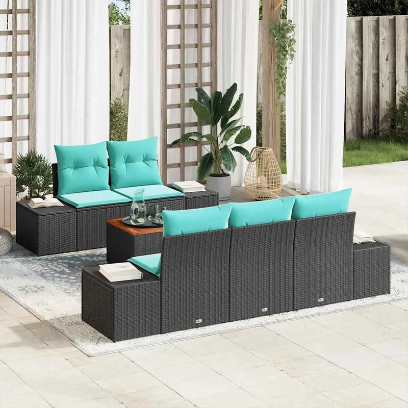 Set di divani giardino 6 pezzi nero e turco in Poly-Rattan