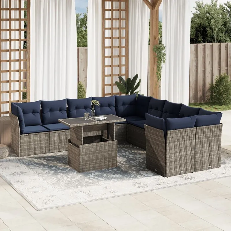 Set divano da esterno da 11 pezzi in polyrattan grigio con cuscini