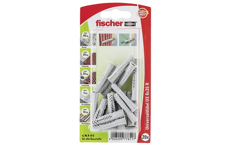 Fischer Universaldübel UX 6 x 35 R mit Rand, 20 pièces