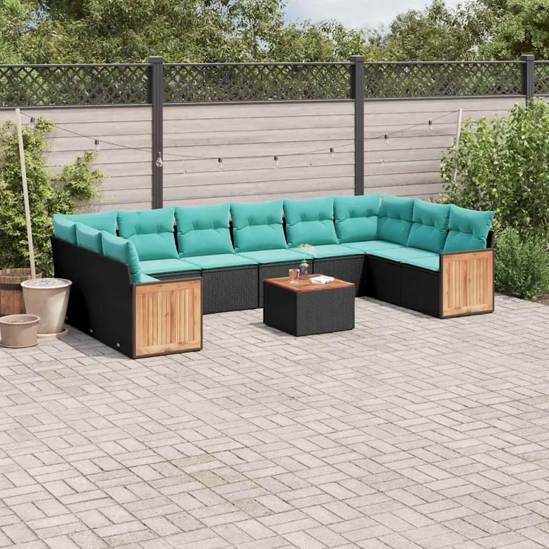 11 pezzi set divano da giardino con cuscini, nero polyrattan