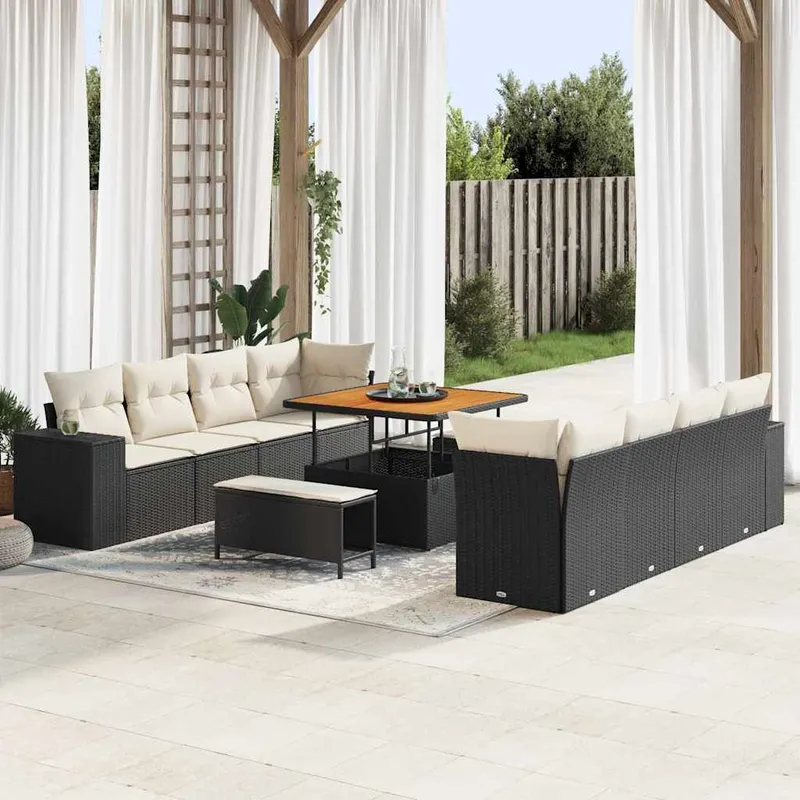 Gartensofa-set Schwarz und Creme Poly-Rattan