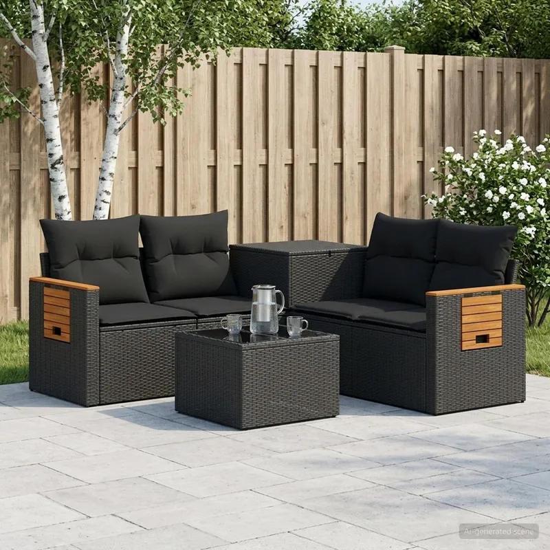 divano Set 6 pz. nero polyrattan e acciaio