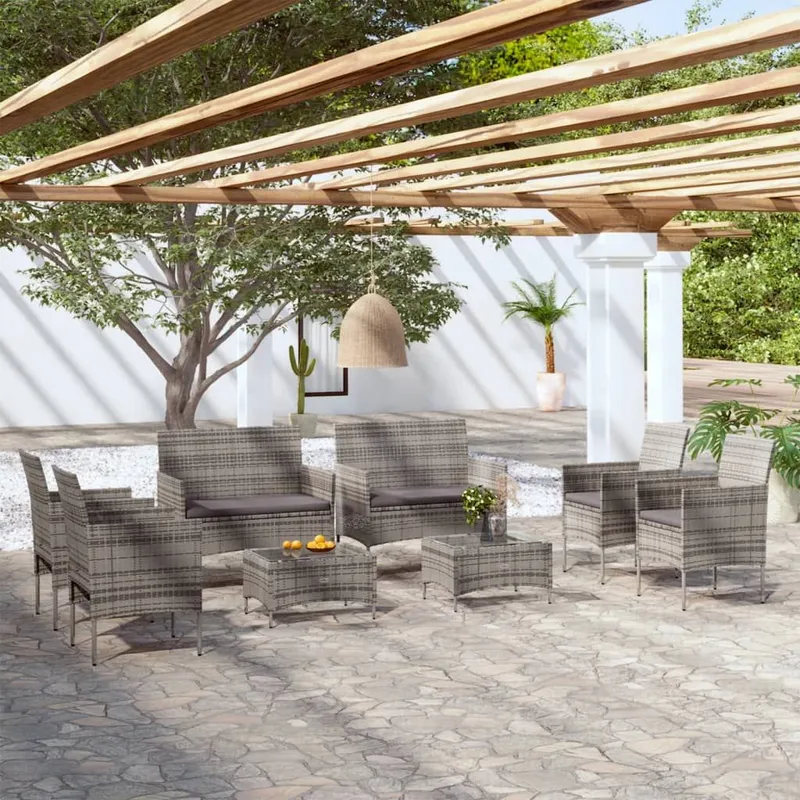 8-tlg. Garten-Lounge-Set mit Auflagen Poly Rattan grey
